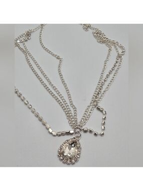Silver Rhinestone Boho Head Chain Teardrop Pendant  22"